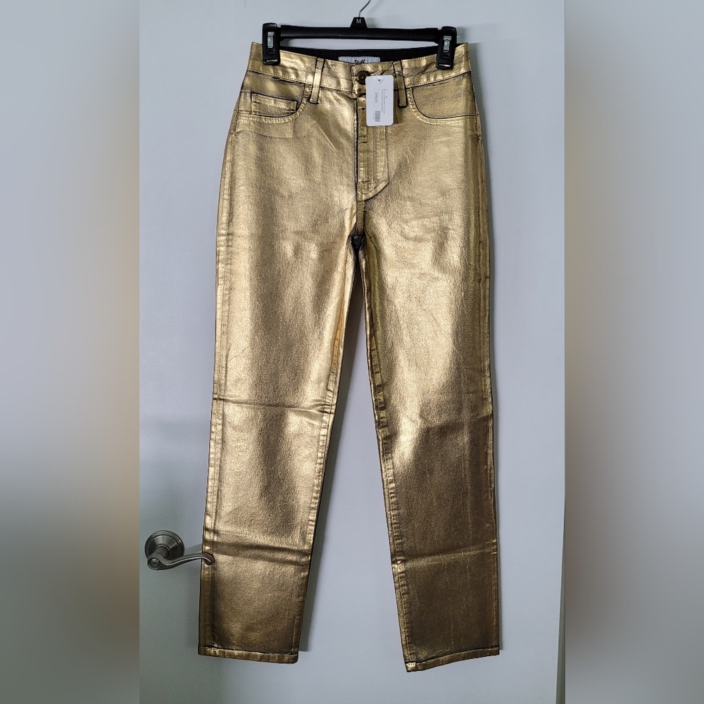 New Shaft Italy Gold Metallic Black Stretch Denim Sz Small Pants High Rise $495